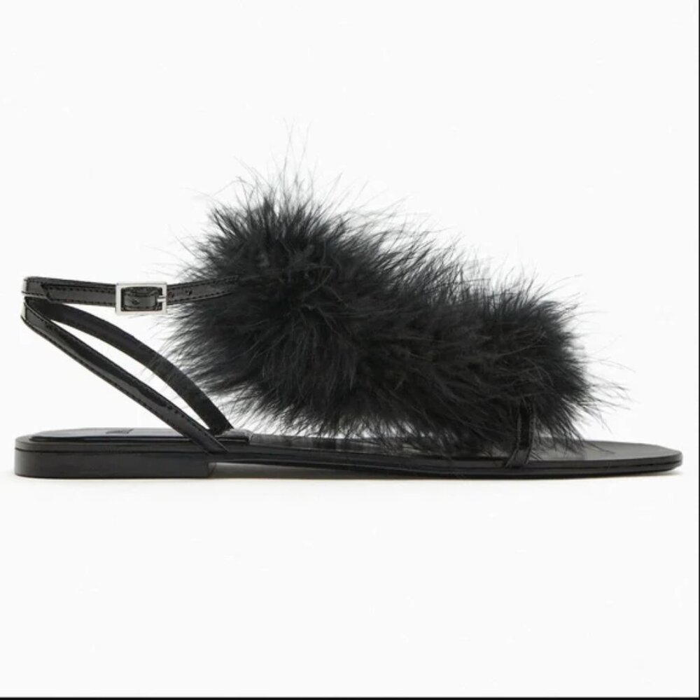ZARA Black Feather Ankle Strap Flat Sandals 11